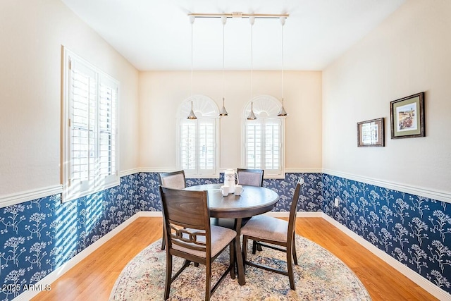 dining space with hardwood / wood-style floors and rail lighting