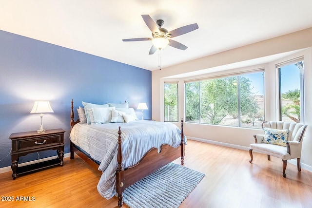 bedroom featuring ceiling fan and light hardwood / wood-style floors