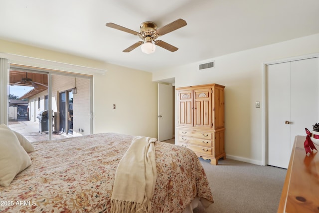 carpeted bedroom with access to outside and ceiling fan