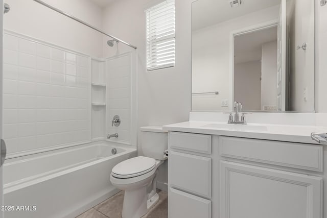 full bathroom with shower / tub combination, toilet, tile patterned flooring, and vanity