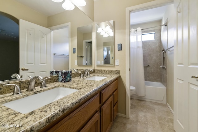 full bathroom with shower / bath combo, vanity, and toilet