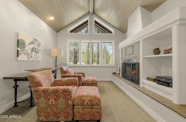 2036 Bessie Kidd Best, Flagstaff, AZ 86005 - sitting room featuring a fireplace, carpet, vaulted ceiling, baseboards, and wood ceiling