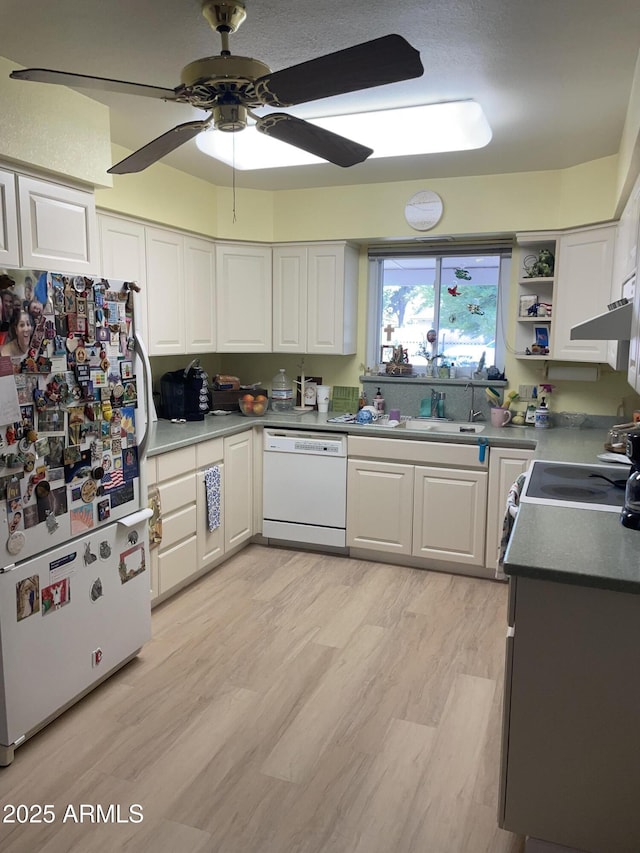 4814 N 35th St, Phoenix, AZ 85018 - kitchen with white appliances, white cabinetry, ceiling fan, and light wood-style flooring