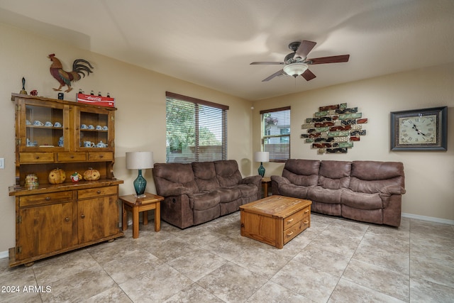 living room featuring ceiling fan