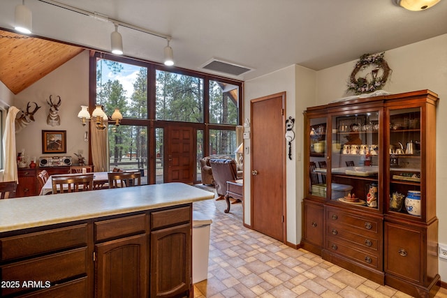 kitchen with expansive windows, lofted ceiling, and light countertops