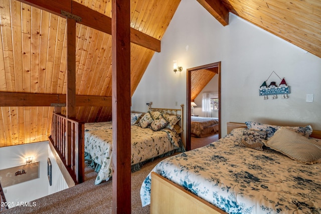bedroom featuring high vaulted ceiling, wooden ceiling, beam ceiling, and carpet