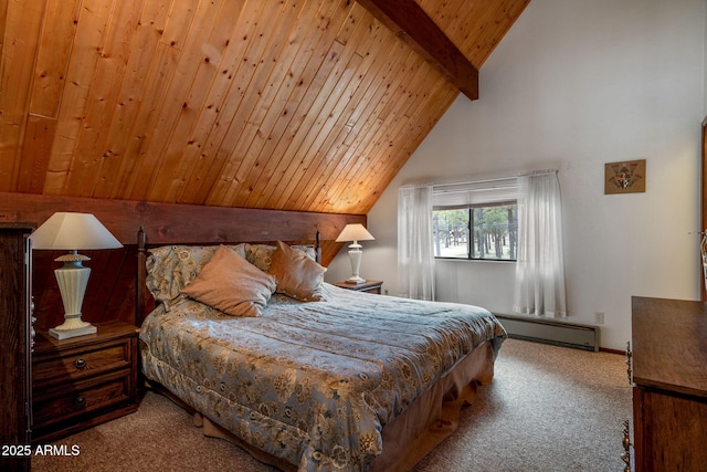 bedroom featuring lofted ceiling with beams, wooden ceiling, a baseboard heating unit, and carpet flooring