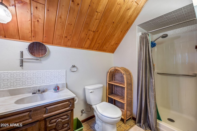 full bathroom featuring toilet, wood ceiling, a stall shower, and vanity