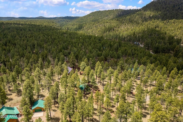 birds eye view of property featuring a wooded view and a mountain view
