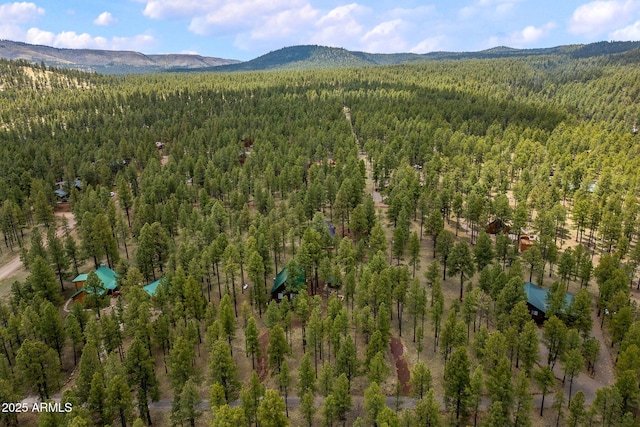 bird's eye view with a forest view and a mountain view