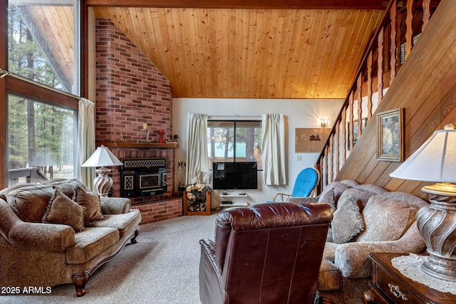 living area featuring carpet flooring, wood ceiling, high vaulted ceiling, and stairs