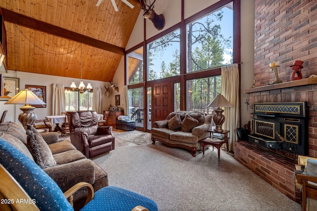 living area featuring high vaulted ceiling, carpet, wood ceiling, beamed ceiling, and a notable chandelier