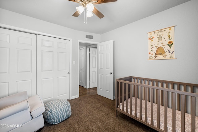 1408 N 62nd Pl, Mesa, AZ 85205 - carpeted bedroom with a closet, a nursery area, and ceiling fan
