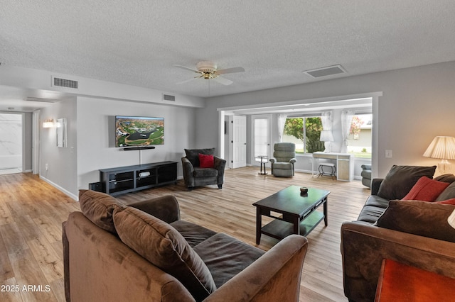 living room with visible vents and a textured ceiling