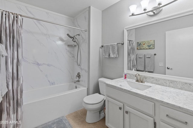 bathroom with shower / bathtub combination with curtain, tile patterned floors, vanity, and toilet