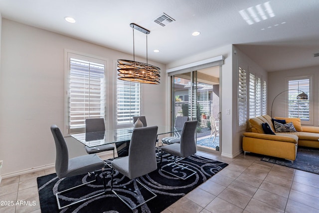 dining room featuring recessed lighting, baseboards, visible vents, and light tile patterned floors