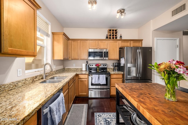 kitchen featuring wood counters, sink, stainless steel appliances, and dark wood-type flooring