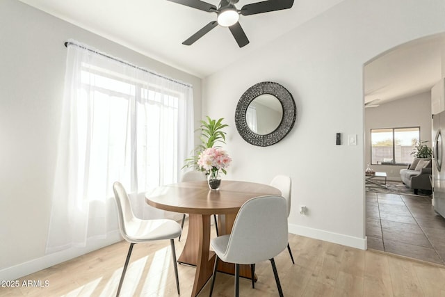 dining space with light hardwood / wood-style floors, lofted ceiling, and ceiling fan