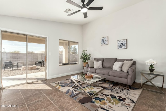 living room featuring ceiling fan