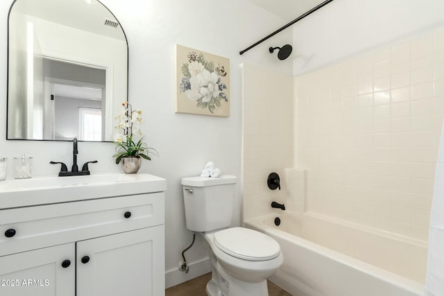 full bathroom featuring shower / bath combination, wood-type flooring, vanity, and toilet