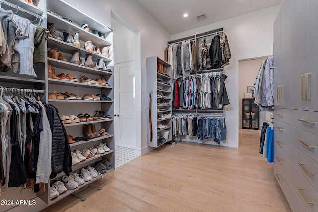 walk in closet with light hardwood / wood-style floors