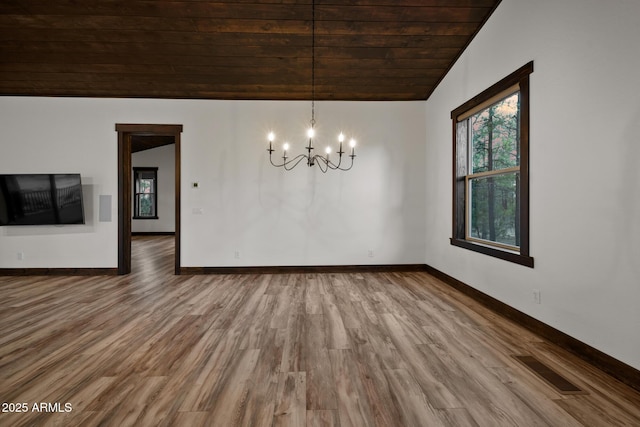 2702 Majestic Elk Rd, Overgaard, AZ 85933 - unfurnished dining area with vaulted ceiling, an inviting chandelier, visible vents, wooden ceiling, and wood finished floors
