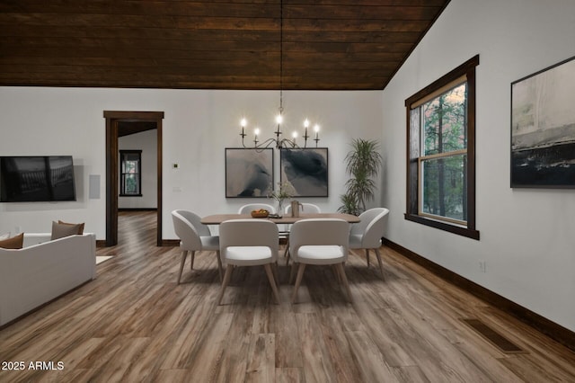 2702 Majestic Elk Rd, Overgaard, AZ 85933 - dining area with visible vents, a chandelier, wood ceiling, wood finished floors, and lofted ceiling