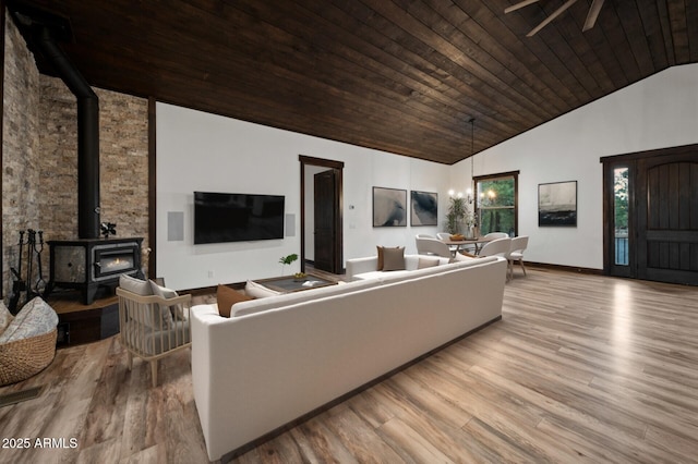 2702 Majestic Elk Rd, Overgaard, AZ 85933 - living area featuring a wood stove, high vaulted ceiling, wood finished floors, and wood ceiling