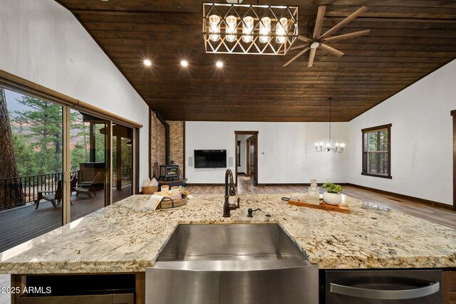 2702 Majestic Elk Rd, Overgaard, AZ 85933 - kitchen featuring a sink, open floor plan, high vaulted ceiling, and wood ceiling