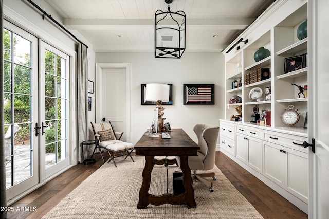 office area featuring dark wood-type flooring, beam ceiling, wooden ceiling, and french doors