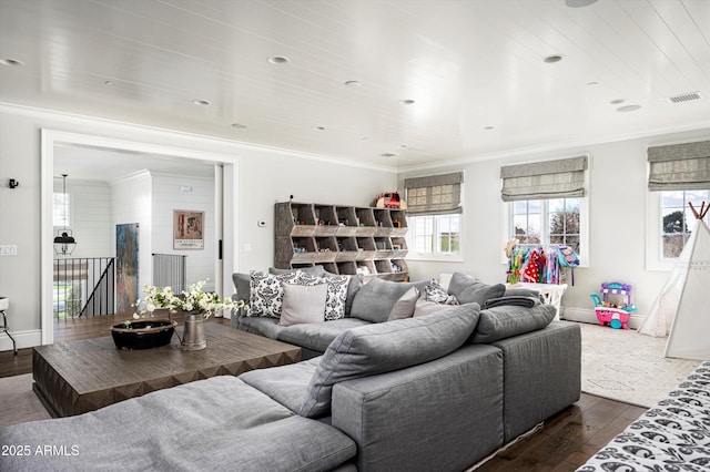 living area with wood ceiling, visible vents, baseboards, ornamental molding, and dark wood finished floors