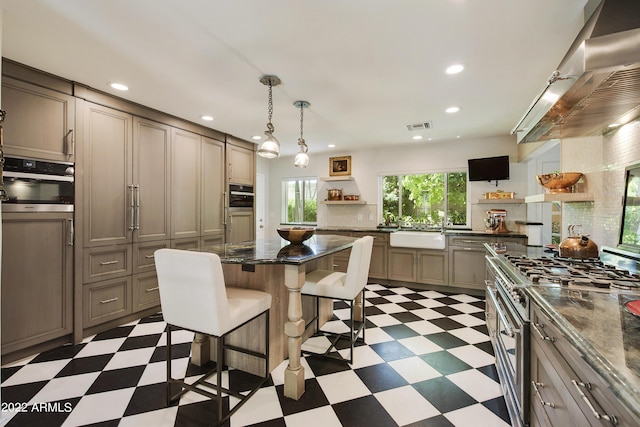 kitchen with a center island, ventilation hood, a kitchen breakfast bar, sink, and stainless steel appliances