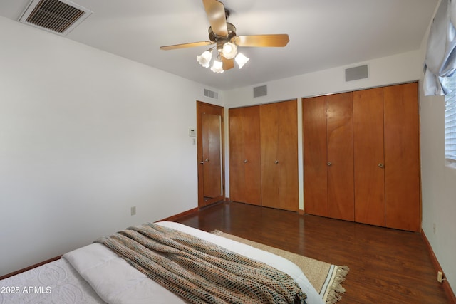 bedroom featuring ceiling fan, two closets, and dark hardwood / wood-style flooring