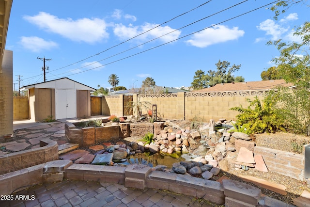 view of patio with a storage unit