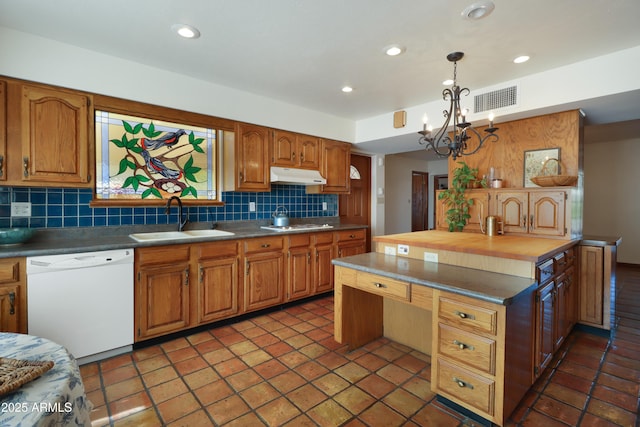 kitchen featuring sink, gas stovetop, tasteful backsplash, dishwasher, and pendant lighting