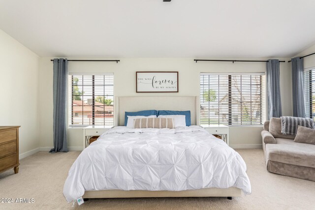 bedroom with light carpet