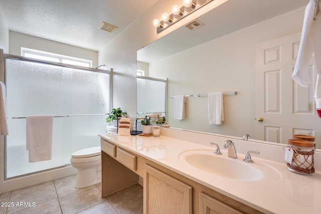 full bathroom with a stall shower, visible vents, toilet, tile patterned floors, and vanity