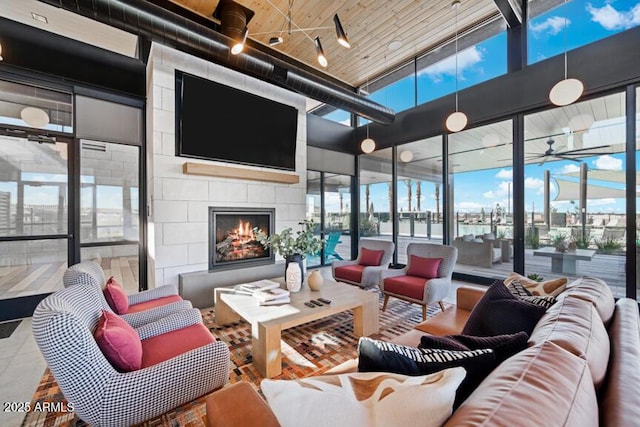 3853 S Buttercup Cir, Mesa, AZ 85212 - common area featuring floor to ceiling windows, wood ceiling, and a high ceiling