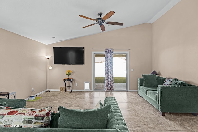 tiled living room with vaulted ceiling and ceiling fan