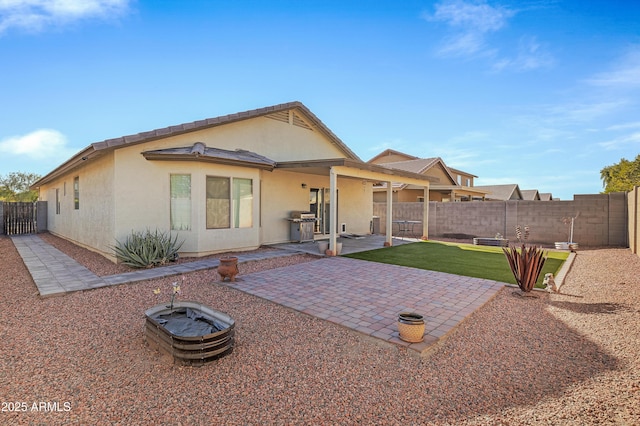 back of house with a patio area and a yard