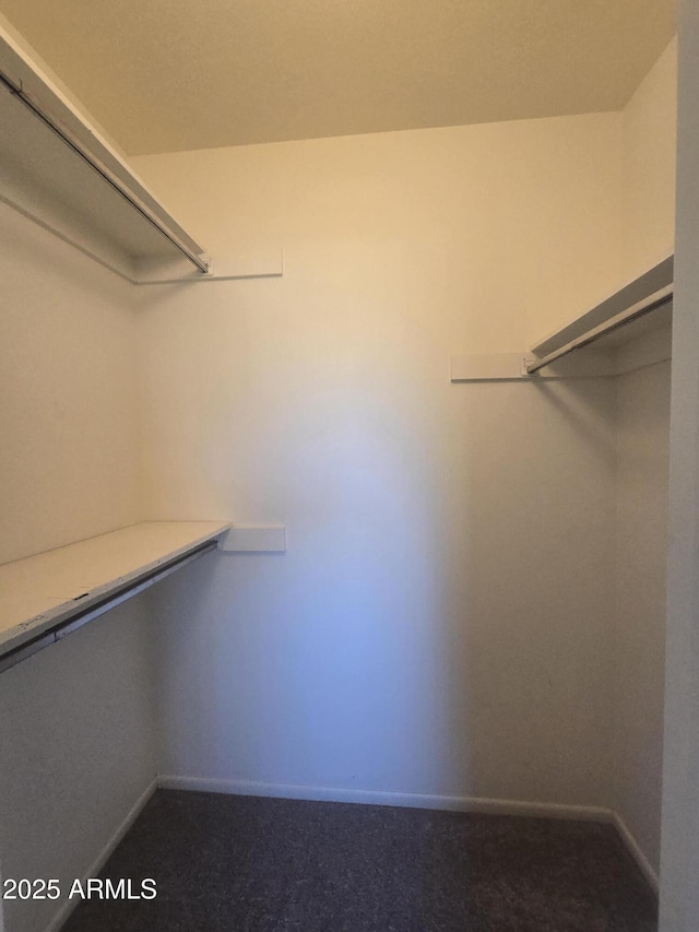 spacious closet featuring built in desk and dark carpet