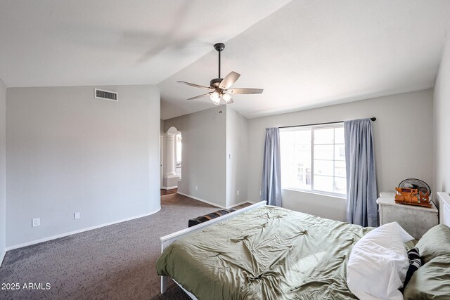 7110 N 28th Dr, Phoenix, AZ 85051 - bedroom featuring carpet, vaulted ceiling, baseboards, and ceiling fan