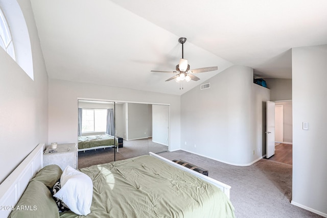 7110 N 28th Dr, Phoenix, AZ 85051 - bedroom featuring vaulted ceiling, carpet, a closet, baseboards, and ceiling fan