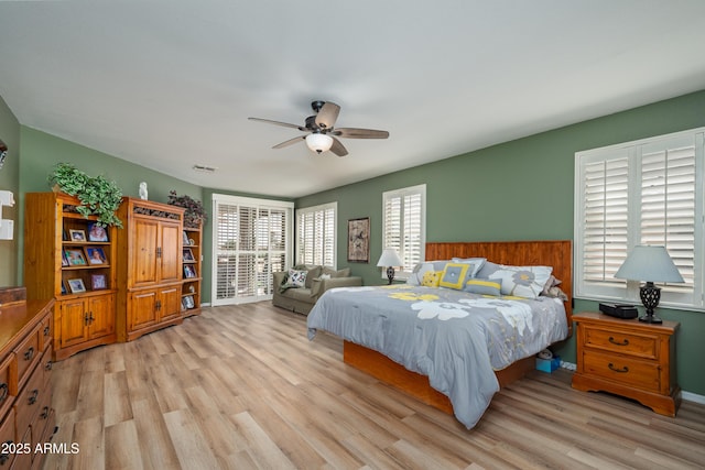 bedroom featuring ceiling fan and light wood-type flooring