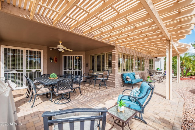 view of patio featuring ceiling fan, an outdoor hangout area, and a pergola