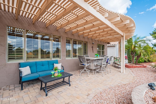 view of patio / terrace featuring a pergola and outdoor lounge area