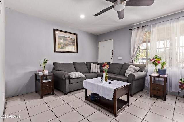 3525 W Latham St, Phoenix, AZ 85009 - living area featuring a ceiling fan, light tile patterned floors, and recessed lighting