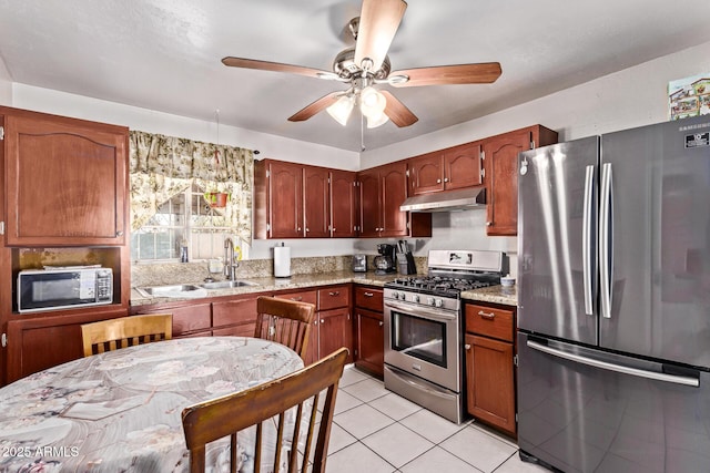 3525 W Latham St, Phoenix, AZ 85009 - kitchen with appliances with stainless steel finishes, under cabinet range hood, ceiling fan, light tile patterned flooring, and a sink