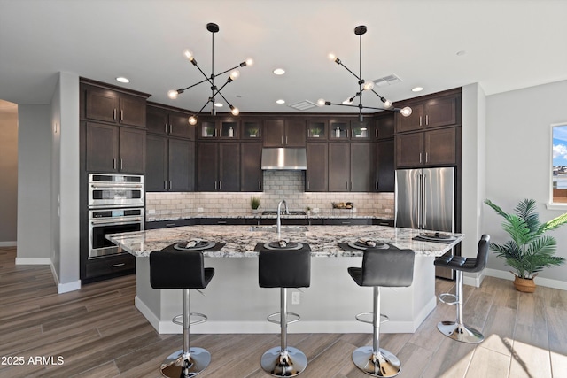 kitchen with appliances with stainless steel finishes, pendant lighting, and an island with sink