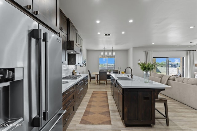 kitchen with light hardwood / wood-style floors, a center island with sink, hanging light fixtures, a breakfast bar, and appliances with stainless steel finishes